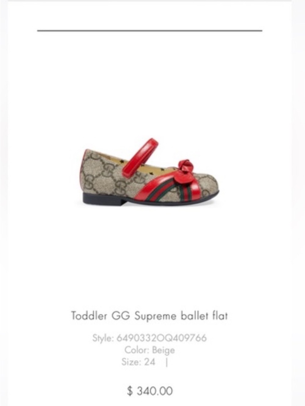 Gucci Kids GG Supreme Mary Jane Flat in Beige and Red